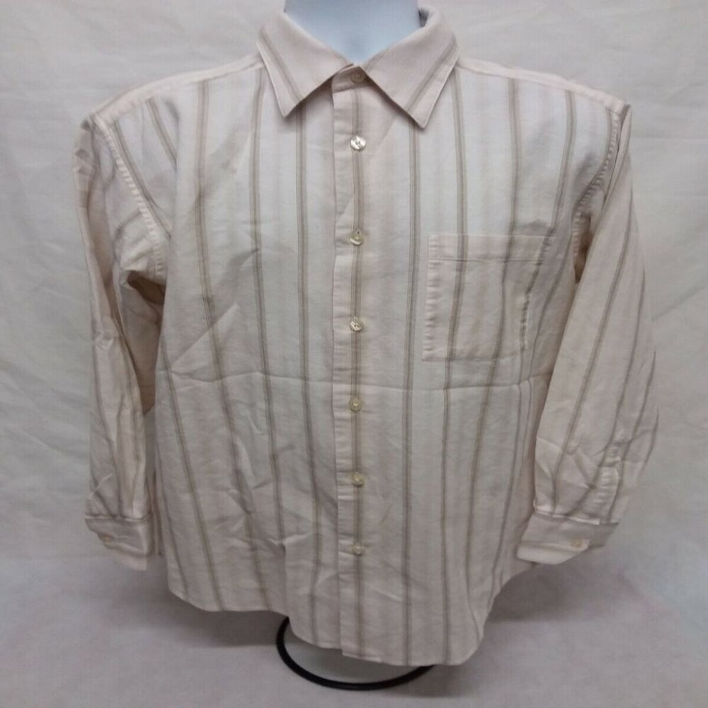 Men's Large Crazy Horse Long Sleeve White Striped Casual Button Down Shirt